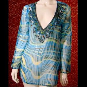 NICOLE MAX teal plaid long sleeve tunic blouse S ⚠️🕚